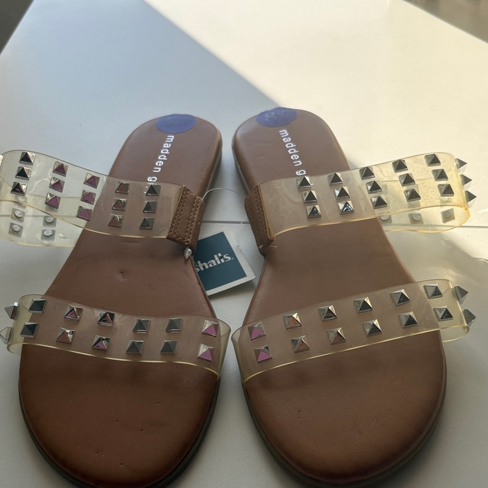 Madden Girl Tan Sandals with Clear Studded Straps